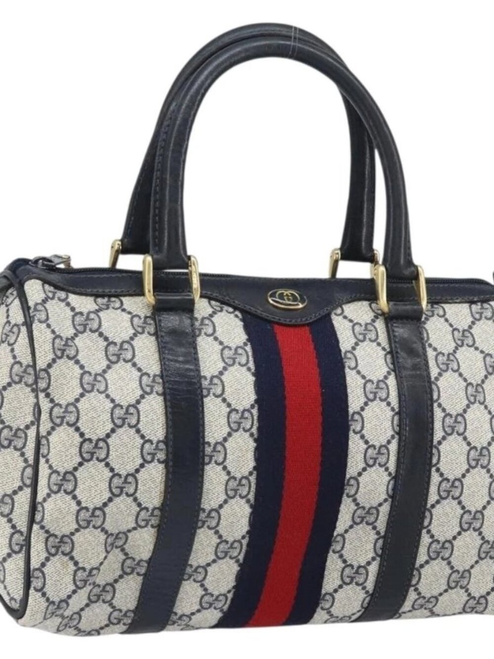 GUCCI GG Supreme Sherry Line Bag PVC Navy Gold Red 012 3841 58 Auth 169093 - Picture 2 of 16